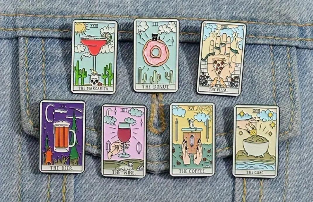 1 Pc Assorted Food Tarot Pins, Quirky Tarot Cards, Donut, Coffee, Guac, Margarita, Beer, Wine, Pizza, Celestial Designs, Unique Gift Ideas
