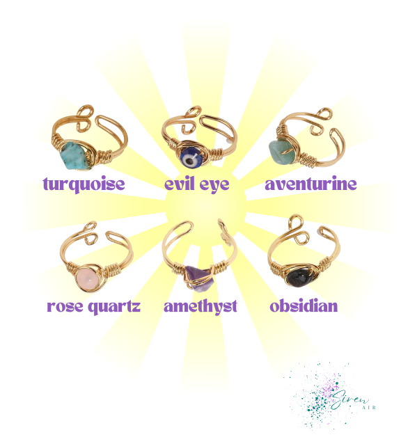 1 Pc. Assorted Adjustable Wire Wrapped Gemstone Rings - Handmade Jewelry, Natural Stone Rings, Healing Crystals, Gift for Her, Boho Chic