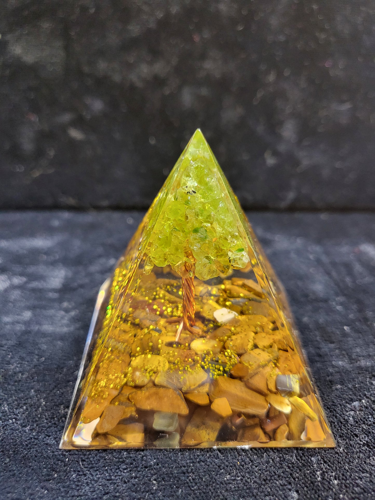 Tree of Life Resin Orgone Pyramid with Tiger Eye and Peridot Gemstones- Reiki Healing, Meditation, Energy Cleanse, Stress Relief