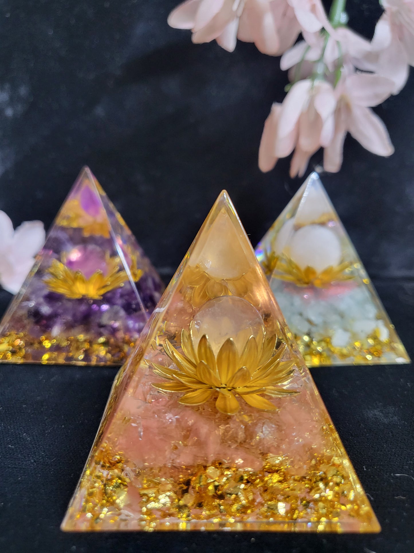 1 Pc Assorted Flower of Life Resin Orgone Pyramid with Natural Gemstones- Reiki Healing, Meditation, Energy Cleanse, Stress Relief