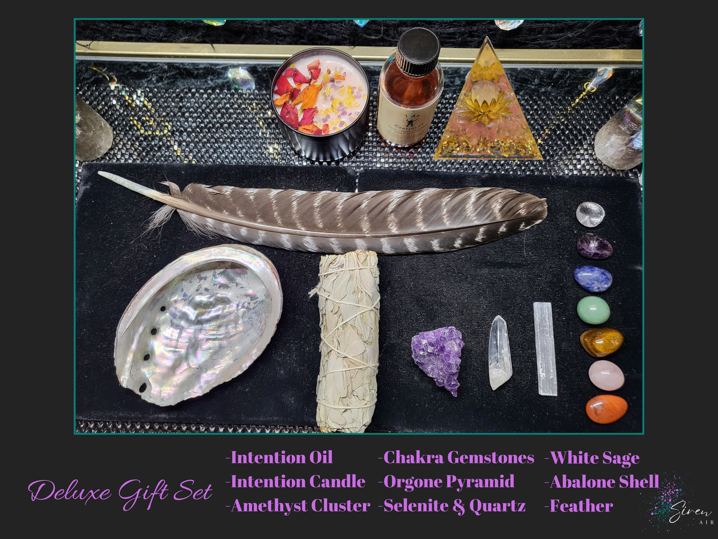 I Am Intention Gift Set - Intention Oil, Intention Candle, White Sage, Abalone Shell, Chakra Gemstones, Orgone Pyramid, Protection, Manifest