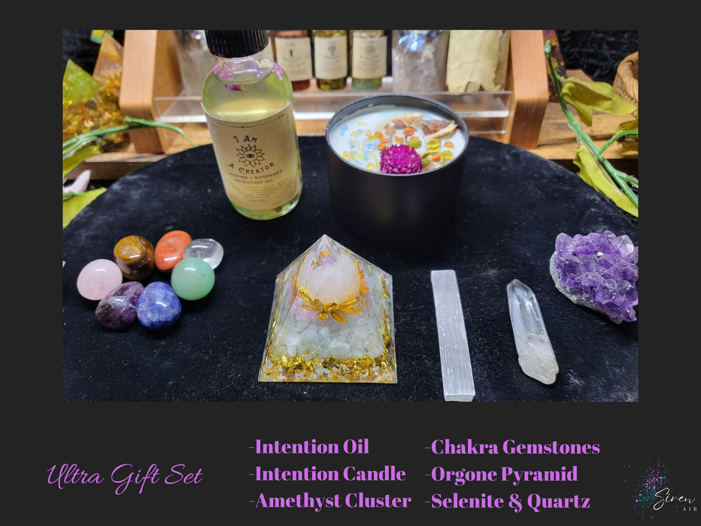 I Am Intention Gift Set - Intention Oil, Intention Candle, White Sage, Abalone Shell, Chakra Gemstones, Orgone Pyramid, Protection, Manifest