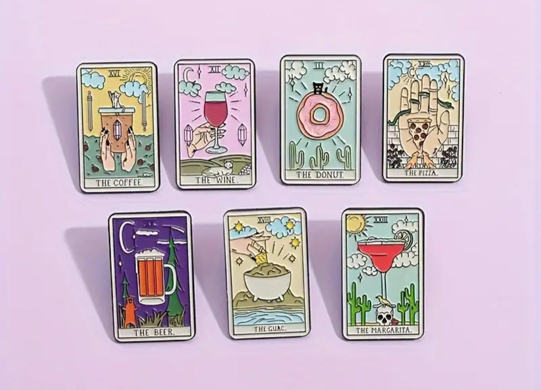 1 Pc Assorted Food Tarot Pins, Quirky Tarot Cards, Donut, Coffee, Guac, Margarita, Beer, Wine, Pizza, Celestial Designs, Unique Gift Ideas