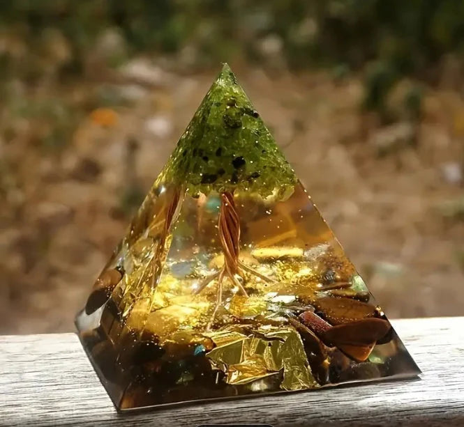Tree of Life Resin Orgone Pyramid with Tiger Eye and Peridot Gemstones- Reiki Healing, Meditation, Energy Cleanse, Stress Relief
