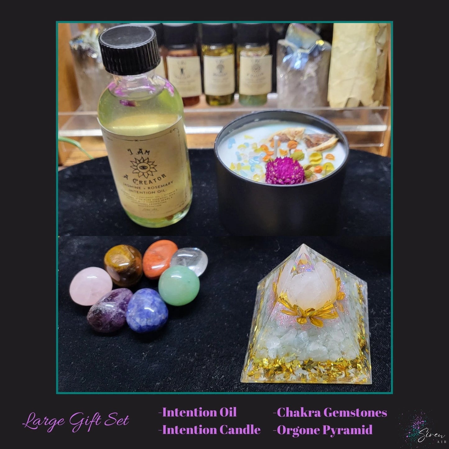 I Am Intention Gift Set - Intention Oil, Intention Candle, White Sage, Abalone Shell, Chakra Gemstones, Orgone Pyramid, Protection, Manifest