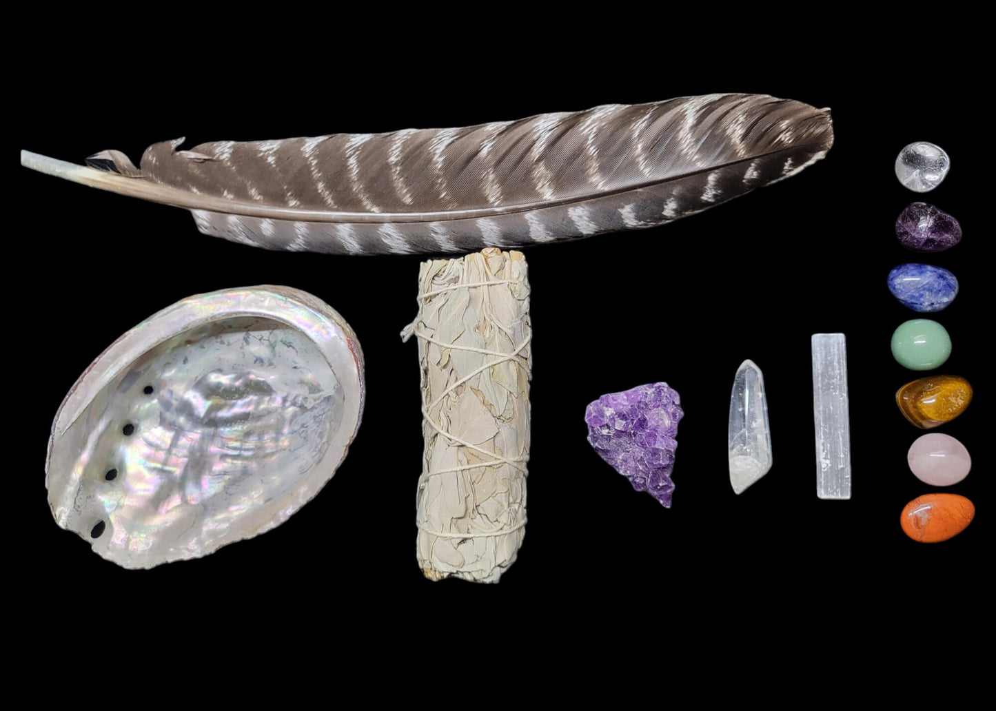 White Sage Abalone Shell Smudge Bundle - Smoke Cleansing, Chakra Gemstones, Amethyst Cluster, Quartz, Selenite, Bundle, Gift for Protection