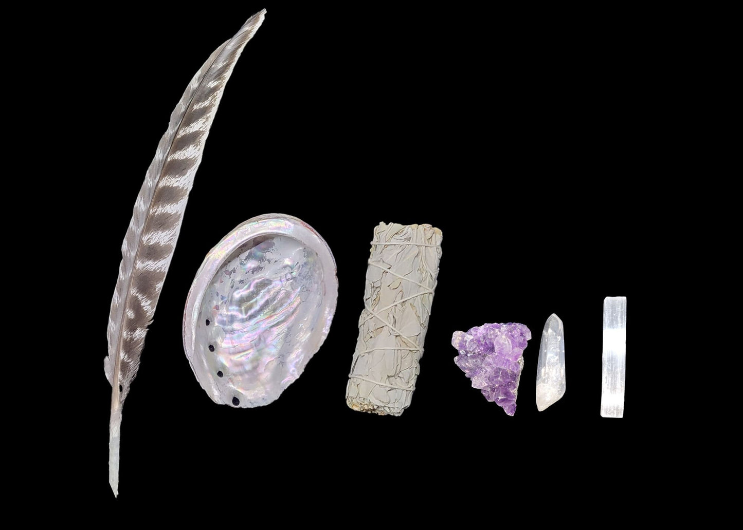 White Sage Abalone Shell Smudge Bundle - Smoke Cleansing, Chakra Gemstones, Amethyst Cluster, Quartz, Selenite, Bundle, Gift for Protection