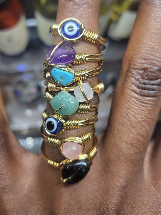 1 Pc. Assorted Adjustable Wire Wrapped Gemstone Rings - Handmade Jewelry, Natural Stone Rings, Healing Crystals, Gift for Her, Boho Chic