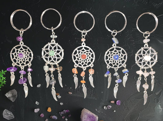 1 Pc Assorted Gemstone Dreamcatcher Keychain, Amethyst, Lapis, Fluorite, Rose Quartz, Carnelian, Handmade Keychain, Metaphysical Jewelry
