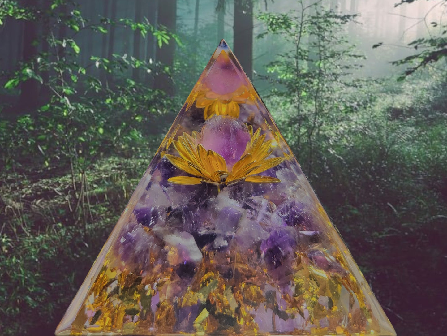 1 Pc Assorted Flower of Life Resin Orgone Pyramid with Natural Gemstones- Reiki Healing, Meditation, Energy Cleanse, Stress Relief