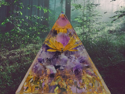 1 Pc Assorted Flower of Life Resin Orgone Pyramid with Natural Gemstones- Reiki Healing, Meditation, Energy Cleanse, Stress Relief