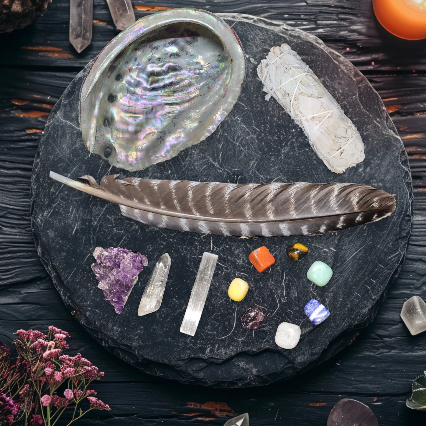 White Sage Abalone Shell Smudge Bundle - Smoke Cleansing, Chakra Gemstones, Amethyst Cluster, Quartz, Selenite, Bundle, Gift for Protection